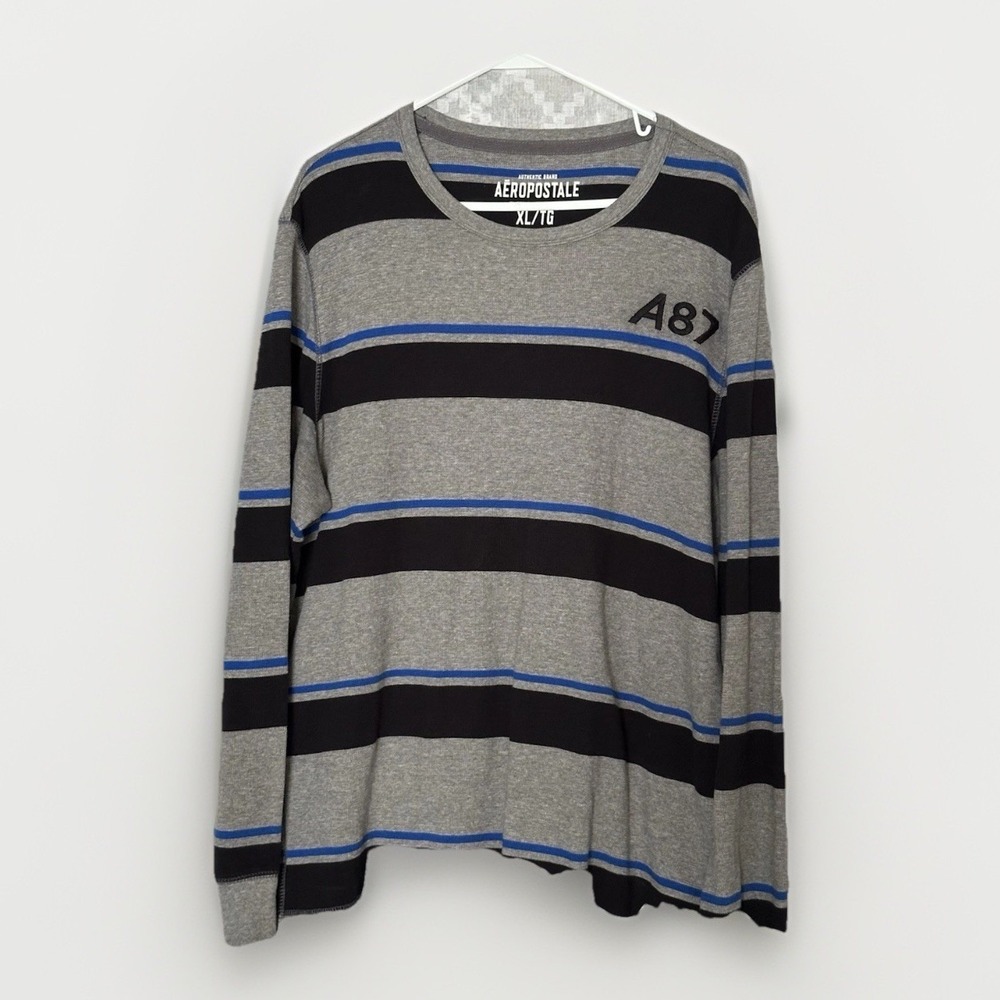 Vtg Y2k Thermal Waffle Thick Mens XL Henley Aero Sewn On Spellout Striped Warm
